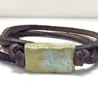 Men's bracelet ceramic block antique green on leather lace