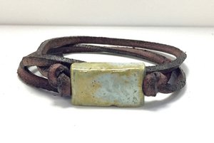 Men's bracelet ceramic block antique green on leather lace