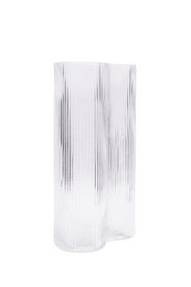 Tall clear glass vase with vertical ribbed texture, suitable for floral arrangements or home decor.