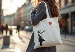 White canvas tote bag with Banksy's iconic 'Balloon Girl' graffiti art printed on the front. Durable and stylish for everyday use.