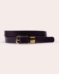  Black leather belt with gold stacked-ring buckle, sleek minimalist design, available in brown.