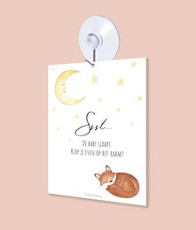 White window card with sleeping fox and moon design, perfect for a child's room.