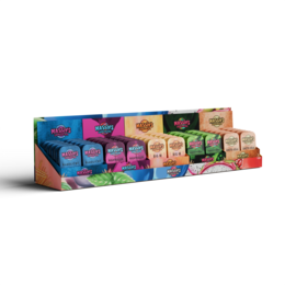  Colorful toothpick display set, vibrant blue pink purple boxes, wooden cardboard packaging, bulk 50 units counter mix
