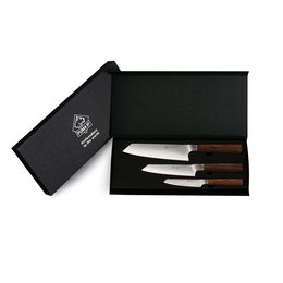 Set of 3 PUMA IP chef knives with damascus steel blades and amber pakkawood handles, presented in a black gift box.