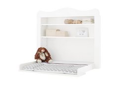 A white wall-mounted changing table unit with open shelves for storage. Suitable for a baby's nursery.