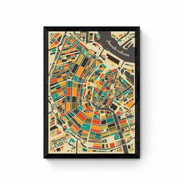  Colorful map poster of Amsterdam with a detailed city map design, featuring various shapes, colors, and styles to represent the different neighborhoods and landmarks of the city.