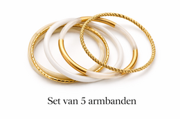 Set of 5 stacked bangle bracelets, gold and white striped textured design, multicolor options available.