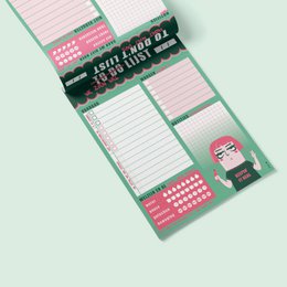 A5 sized to-do list notepad with sarcastic design elements, including a checklist, text, and a cartoon character.