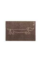 Durable brown doormat with a whimsical dachshund design, suitable for indoor or outdoor use.