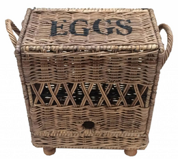 Woven wicker egg holder box for 12 eggs, with "EGGS" text printed on the front. Rectangular shape with handles on the sides.