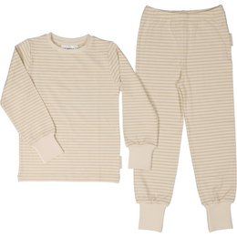 Two-piece beige striped pajama set for kids, featuring a long-sleeved top and matching bottoms. Suitable for ages 74/80 to 146/152.