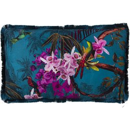A rectangular velvet cushion in a deep teal color, featuring vibrant pink and purple tropical flowers and foliage against a lush, dark background.
