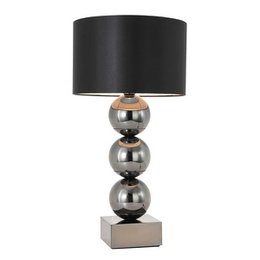 Sleek, modern table lamp with a stacked chrome base and a black drum shade. Ideal for contemporary decor.