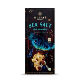 Organic sea salt in a dark chocolate bar with a vibrant, nature-inspired design.
