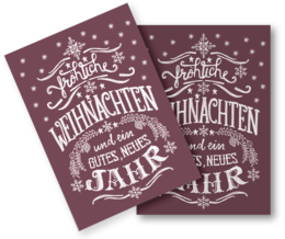 A Christmas card with the German text "Frohe Weihnachten" (Merry Christmas) in a decorative, hand-lettered style against a burgundy background with white snowflakes.