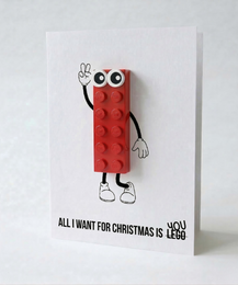  Red Lego brick character Christmas card with text "All I Want for Christmas is Lego" playful holiday greeting