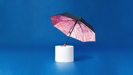 Compact umbrella with a red and white floral pattern, designed as a gift item.