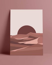  Desert landscape poster featuring a minimalist sunset scene with rolling hills and a large sun in warm, earthy tones.