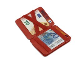 Terracotta-colored leather wallet with RFID protection, featuring multiple card slots and compartments for cash and coins.