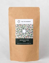 Genmaicha tea, a Japanese green tea blended with roasted brown rice, offering a unique nutty and toasted flavor profile. Available in 100g, 50g, and 200g packages.