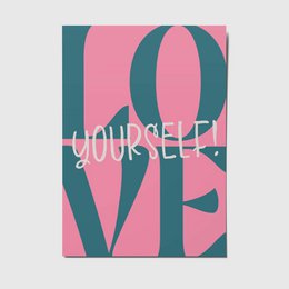  A6 postcard with the text "Love yourself" in a stylized pink and teal design.