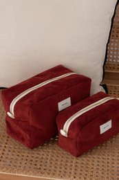  Burgundy corduroy makeup bag set with two pouches, featuring a simple and elegant design.
