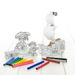 Small pirate ship arts and crafts item with a pirate flag, treasure chest, and palm tree design. Includes coloring supplies for creative expression.