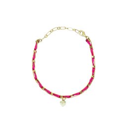  A delicate gold-tone bracelet with vibrant red and pink beads, featuring a small heart charm. The bracelet has a variety of color options, including rose coral, burgundy, gold, green, black, red, blue, neon green, teal blue, royal blue, neon orange, fuchsia pink, pink, navy, and neon pink.