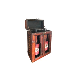  Vintage wooden wine box, two bottle carrier, red brown wood, classic style, hinged lid, rustic design.