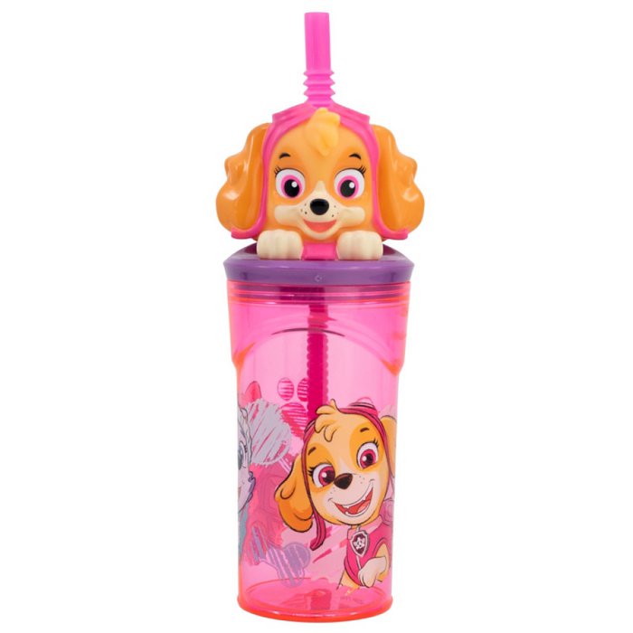 Paw Patrol 3D Figurine Plastic Tumbler Beaker with Flexi Straw - 360ml -  7cm Diameter x 14cm Height - Sturdy Novelty Enclosed Drinking Cup.