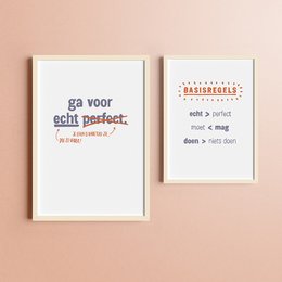 A poster duo featuring the text "Ga voor echt perfect" and a list of characteristics in Dutch. The posters have a minimalist, typographic design with a neutral color palette.