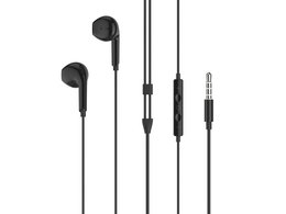  Black in-ear earbuds with microphone, 3.5mm jack, 1.2m cable, wired headphones for music and calls.
