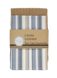 Two-pack of blue and sand striped kitchen towels made of cotton.