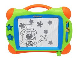 Portable drawing board with black and white painting surface, in carrying case, 32 x 25 cm. Includes colorful shapes and stars for creative expression.