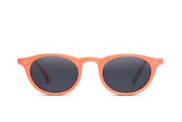 Oval-shaped orange sunglasses with dark lenses and a green accent on the temple.