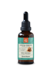Stevia liquid caramel sweetener, natural sugar substitute for tea, brown liquid in glass bottle with dropper.