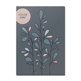 A blue thank you postcard with a minimalist floral design in shades of gray and pink.