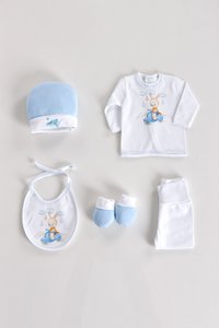 Neugeborenes Babyset Hase auf dem Motorrad mit 5 Teilen Baumwolle Einheitsgröße
