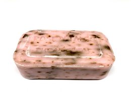 Rose-scented French olive oil soap bar with natural ingredients and floral accents.