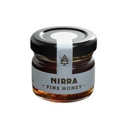 Raw, unprocessed forest honey in a 30-gram glass jar with a black and white label. The honey has a rich, natural flavor.
