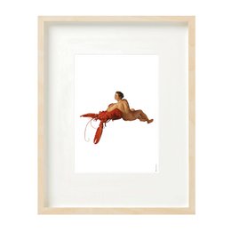 A collage print featuring a lobster and a lady in a whimsical, surreal composition. The image has a vintage, artistic style.
