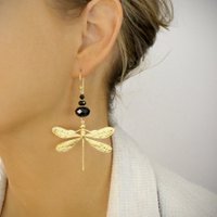 Long-length 18K gold plated dragonfly and black earrings