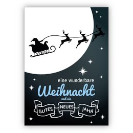 A classic Christmas card featuring Santa Claus flying in his sleigh against a starry night sky. The card has the text "Merry Christmas and a Happy New Year" in German.