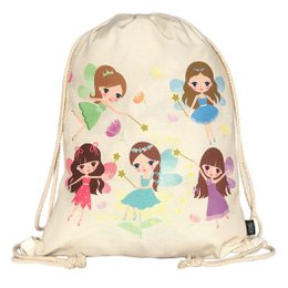  A colorful drawstring backpack featuring illustrations of young girls in fairy-like outfits. The backpack is suitable for children and has features like robust and adjustable straps, stable closure, and machine washability.