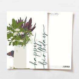 Postcard with a birdcage containing flowers and a hummingbird, made from FSC certified materials.