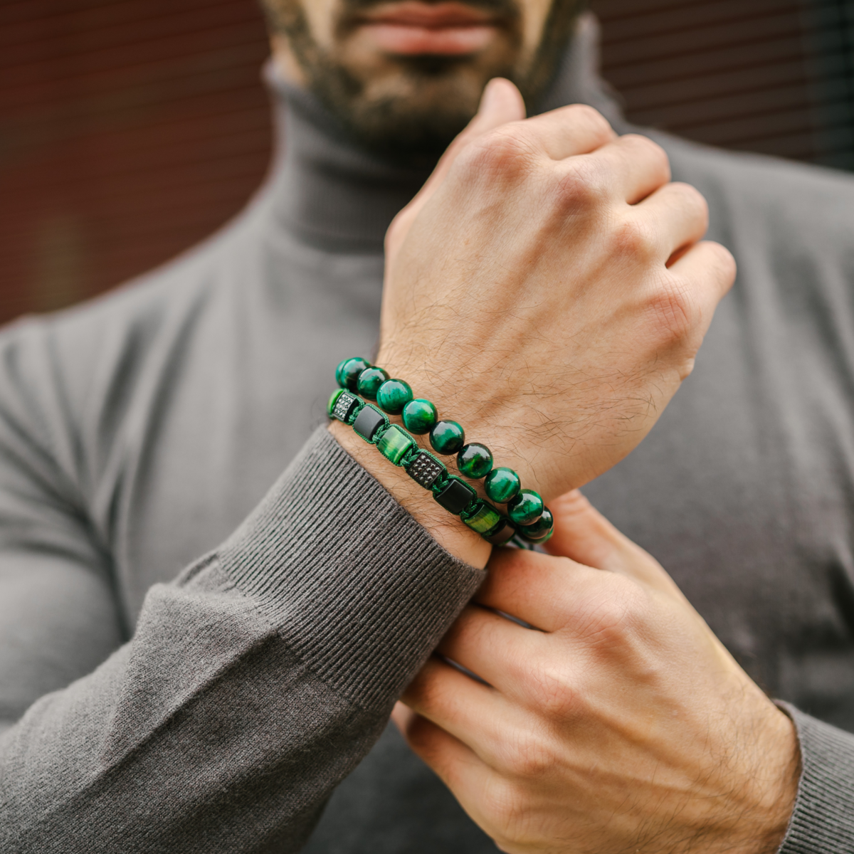 Green Tiger Eye voor heren, zwarte onyx platte kralenarmband