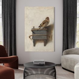 The image depicts a painting of a goldfinch bird perched on a wooden stool or chair. The bird has a distinctive yellow and black plumage, and the painting has a vintage, muted color palette. This artwork would be suitable for wall decor in a living room or study.