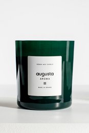  Tall, round, green vegan wax candle with "Augusta Aroma" label. Made in Greece.