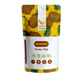 Pineapple powder, a superfood product with a vibrant yellow and green pineapple pattern on the packaging. The product is high in fiber and vitamins, making it a nutritious addition to various recipes.