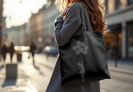 White cotton tote bag with black silhouette of girl floating with balloons, suitable for casual everyday use or as a reusable shopping bag.